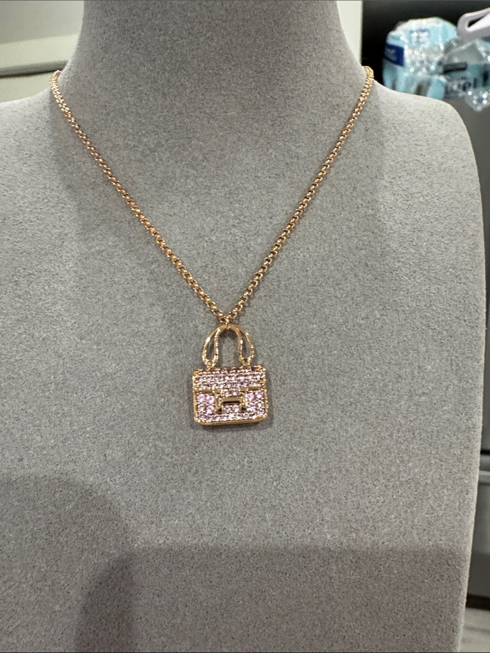 Champagne Gold Tone Pink CZ Purse Pendant Necklace